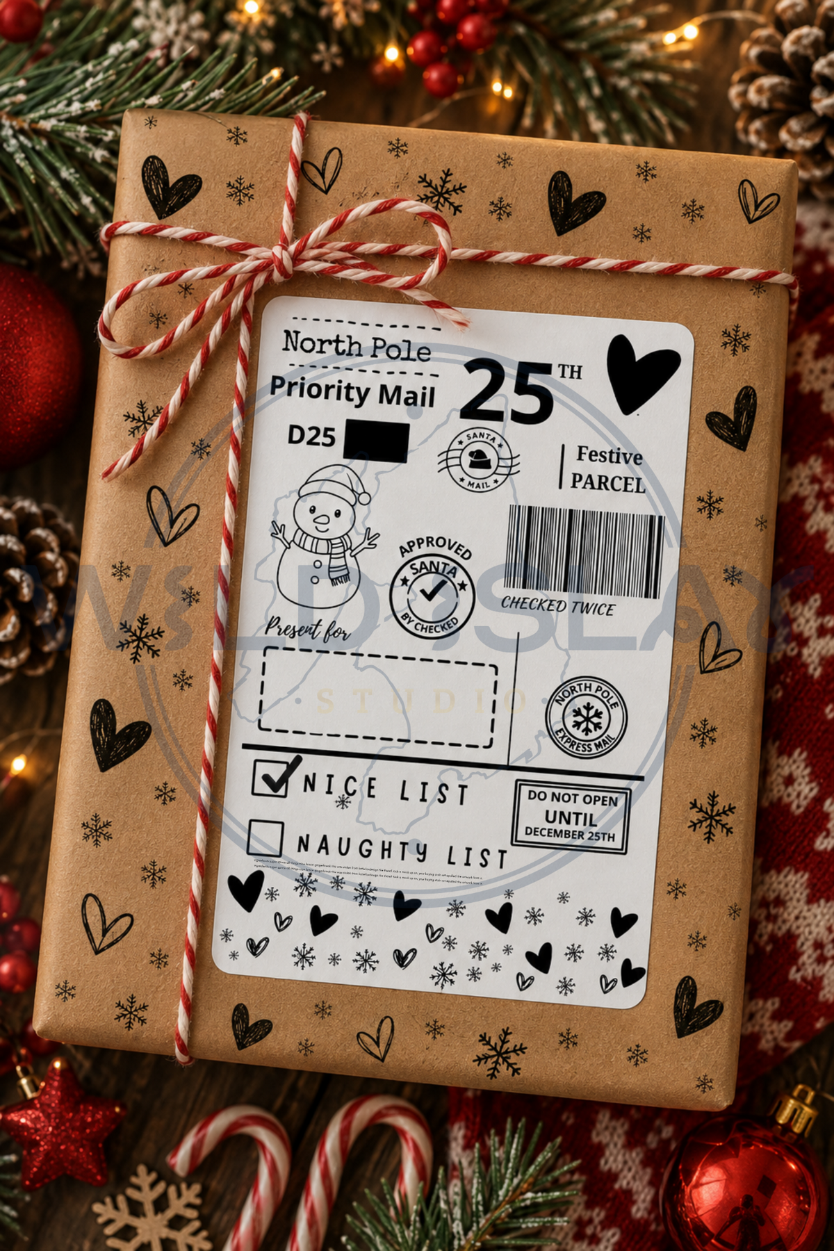 Christmas North Pole Priority Mail gift postage label with hearts – Design 02