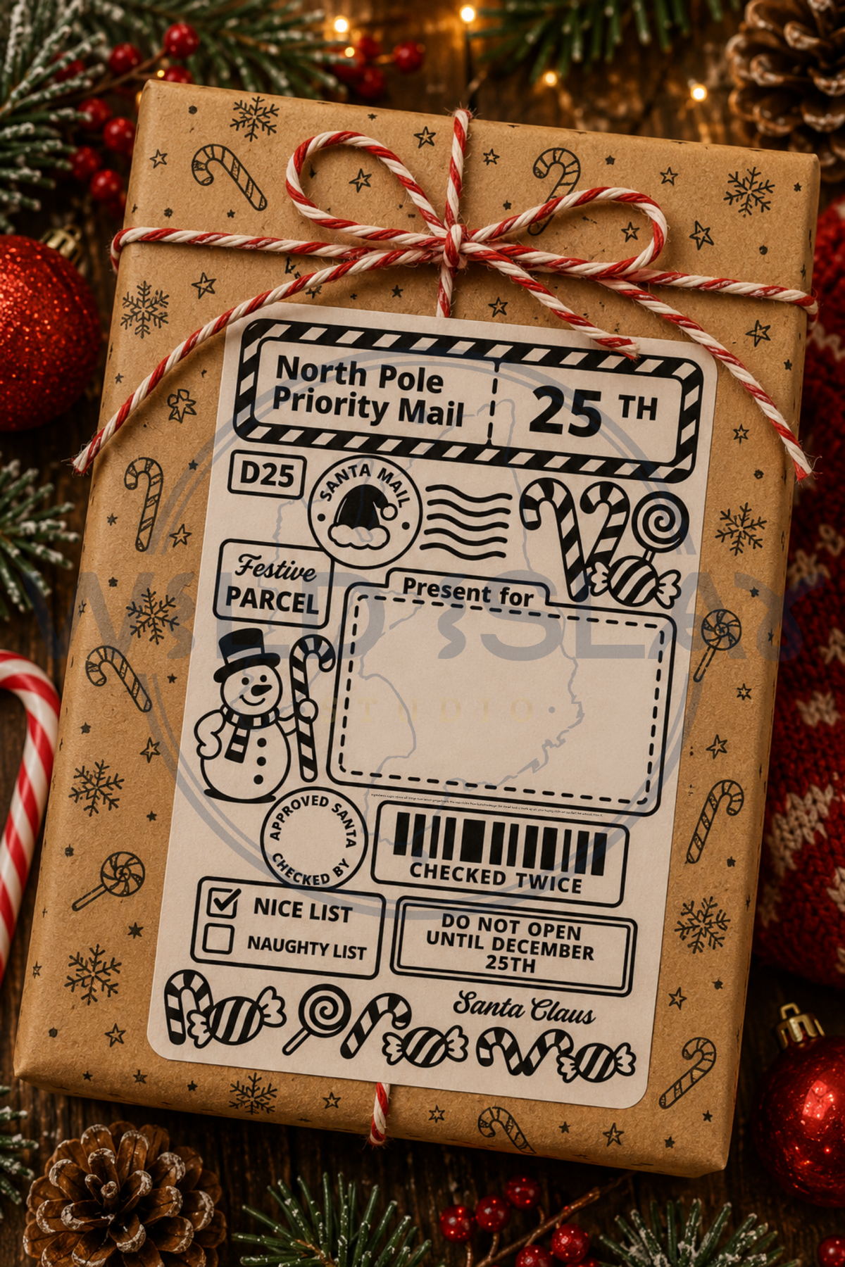 Christmas North Pole Priority Mail gift postage label with candy canes and snowman – Design 09