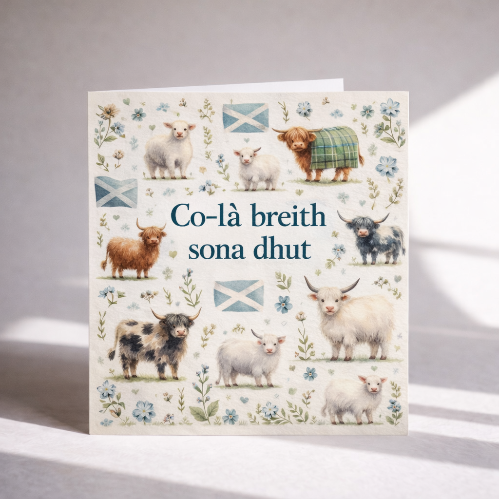 Scottish Gaelic Birthday Card – Highland Cow & Lamb Design | Co-là breith sona dhut