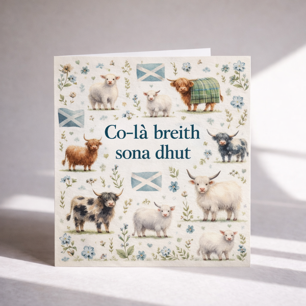 Scottish Gaelic Birthday Card – Highland Cow & Lamb Design | Co-là breith sona dhut