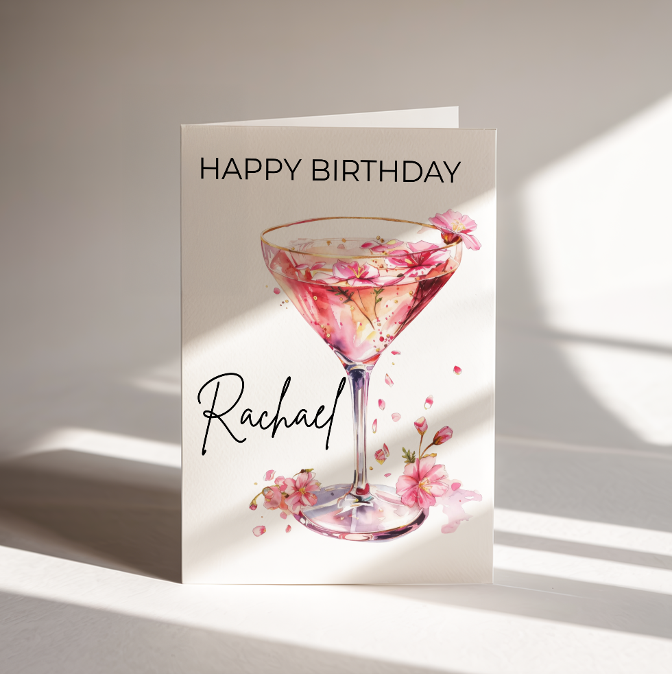 Personalised Birthday Card – Elegant Cocktail Design with Name | Custom Birthday Card