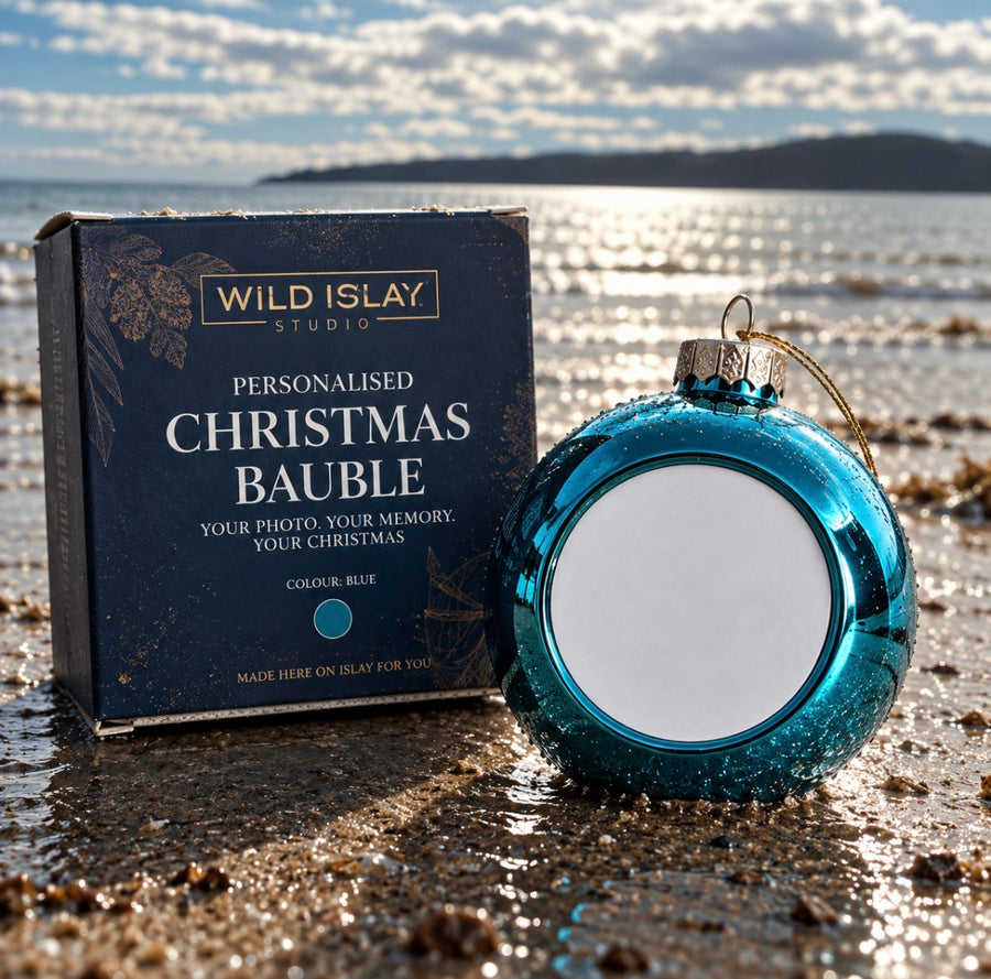 Blue glass Christmas bauble, shown blank before personalising