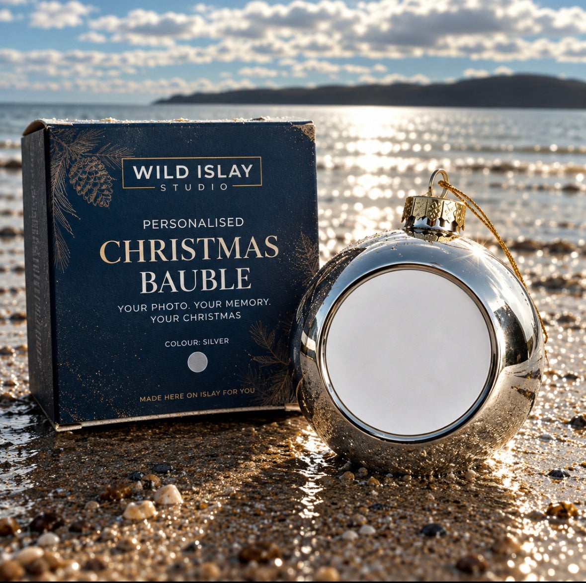Silver glass Christmas bauble, shown blank before personalising