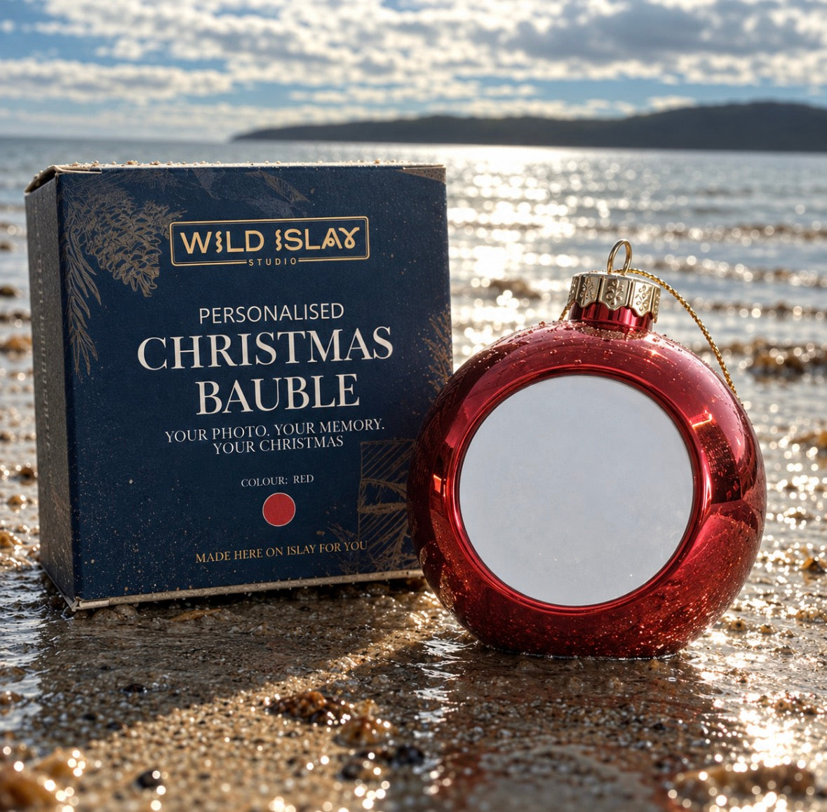 Red glass Christmas bauble, shown blank before personalising