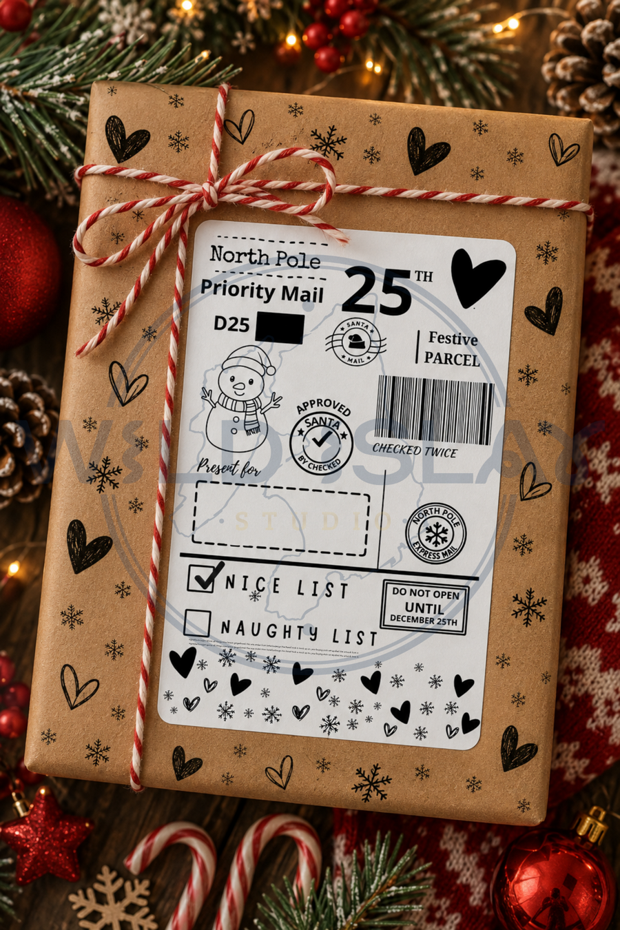 Christmas North Pole Priority Mail gift postage label with hearts – Design 02