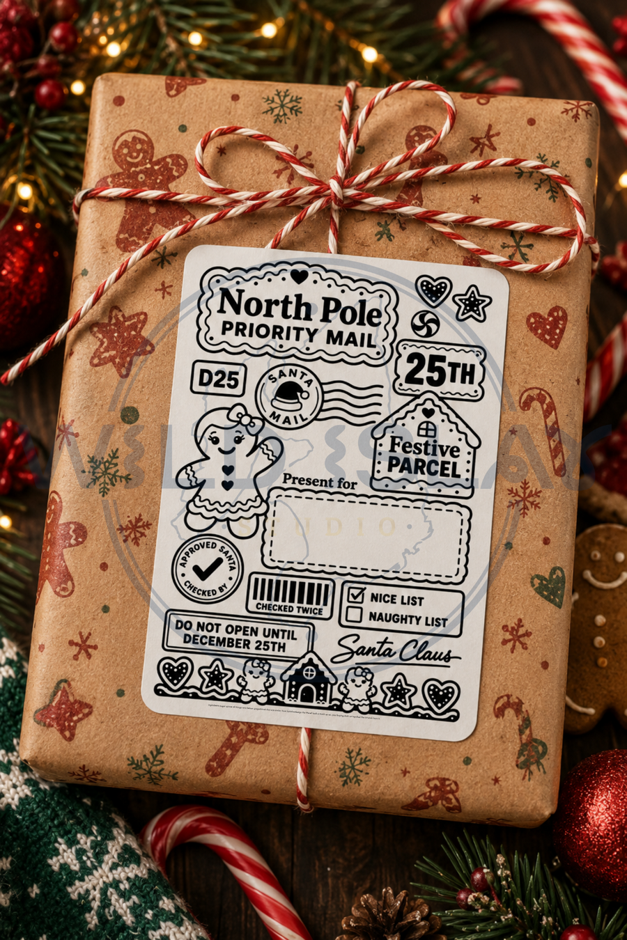Christmas North Pole Priority Mail gift postage label with festive gingerbread design – Design 03