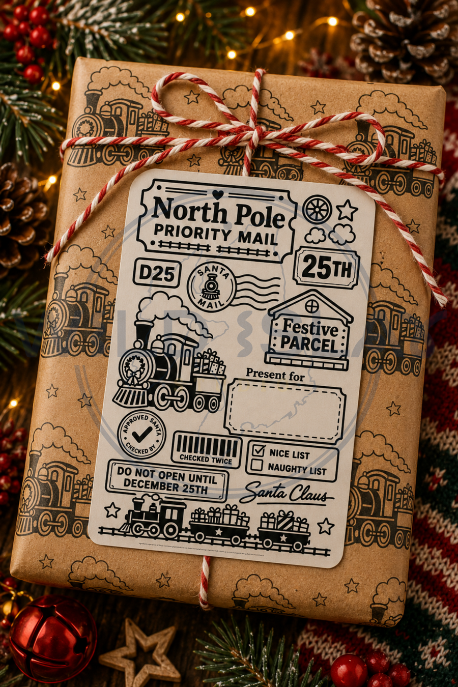Christmas North Pole Priority Mail gift postage label with festive train design – Design 06