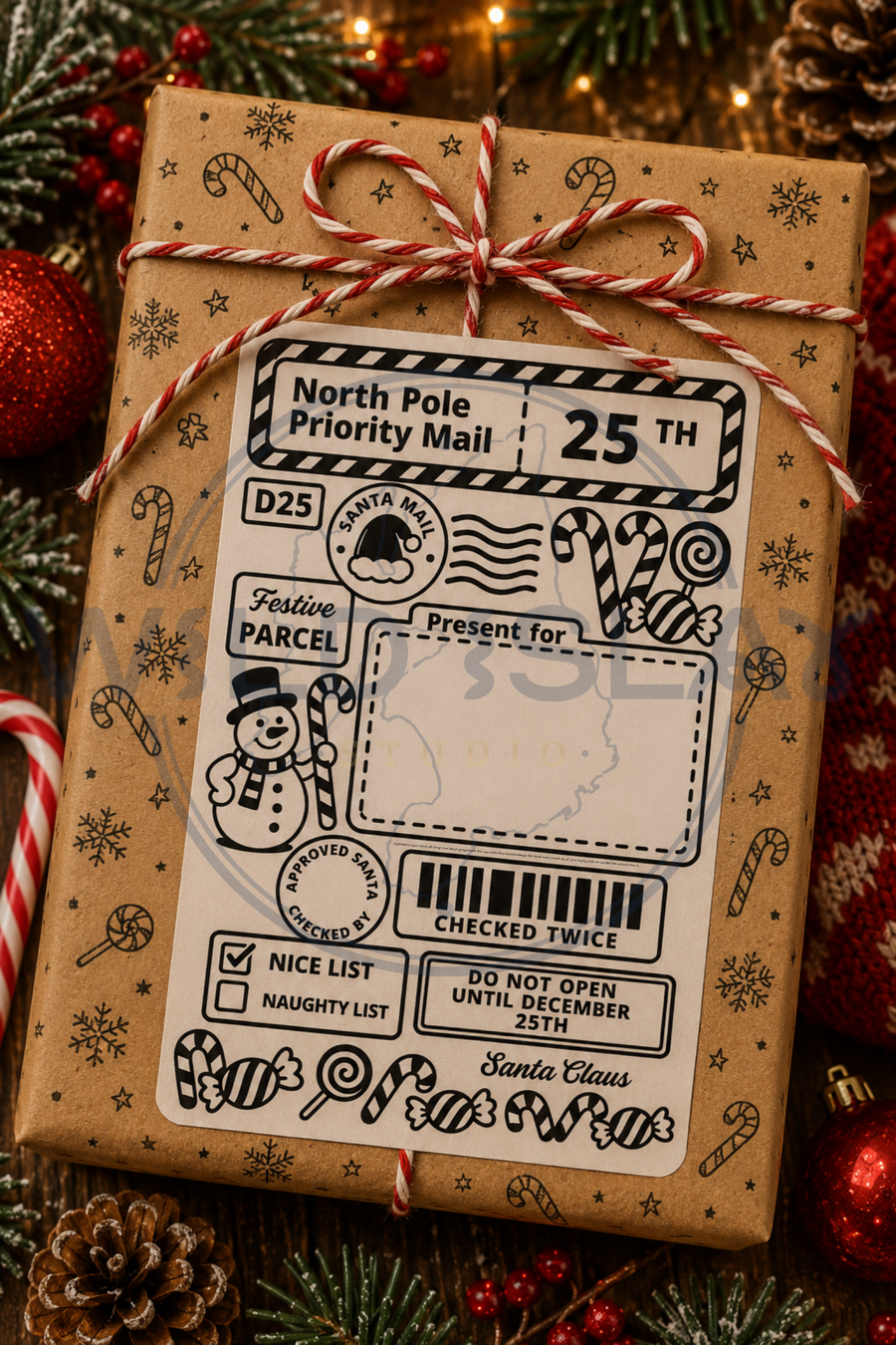 Christmas North Pole Priority Mail gift postage label with candy canes and snowman – Design 09