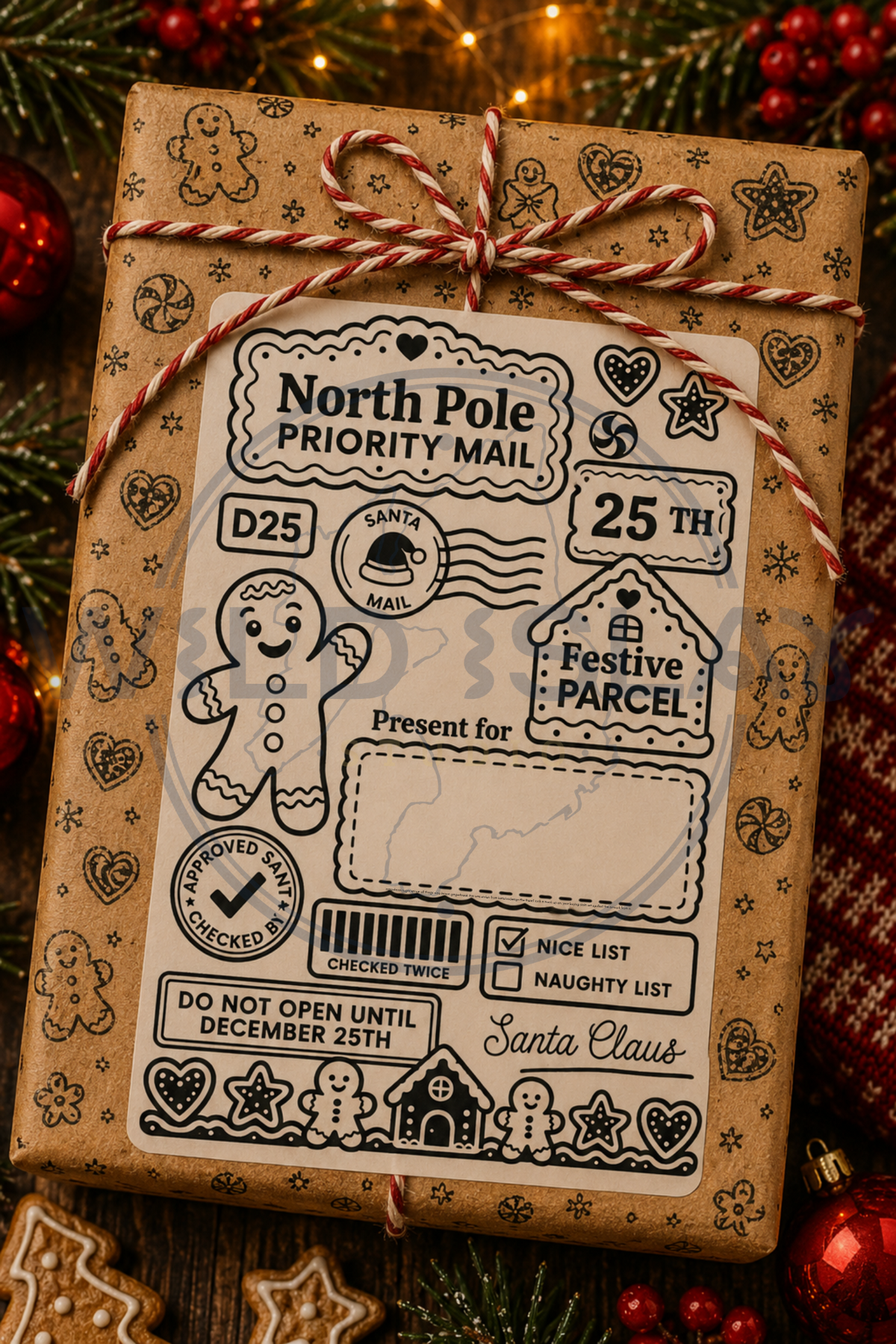 Christmas North Pole Priority Mail gift postage label with gingerbread design – Design 10