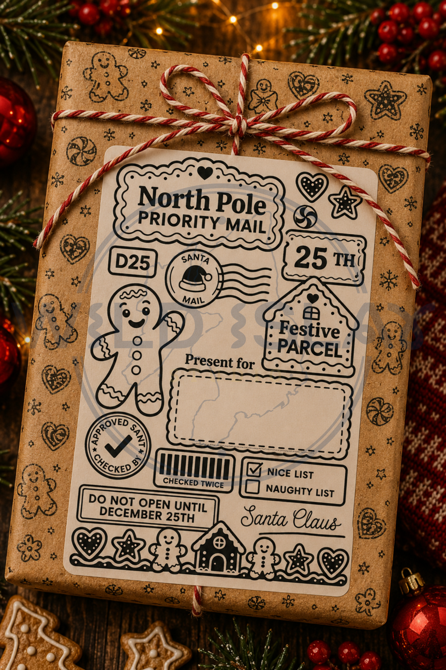 Christmas North Pole Priority Mail gift postage label with gingerbread design – Design 10