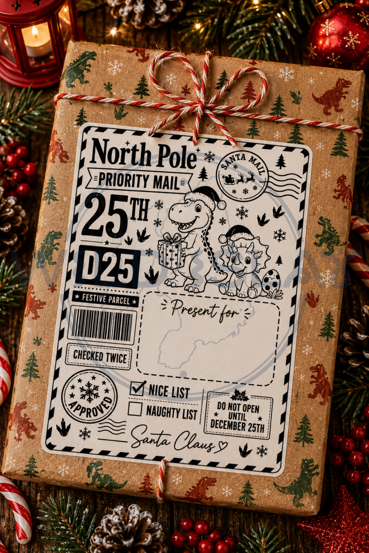 Christmas North Pole Priority Mail gift postage label with festive dinosaur design – Design 11