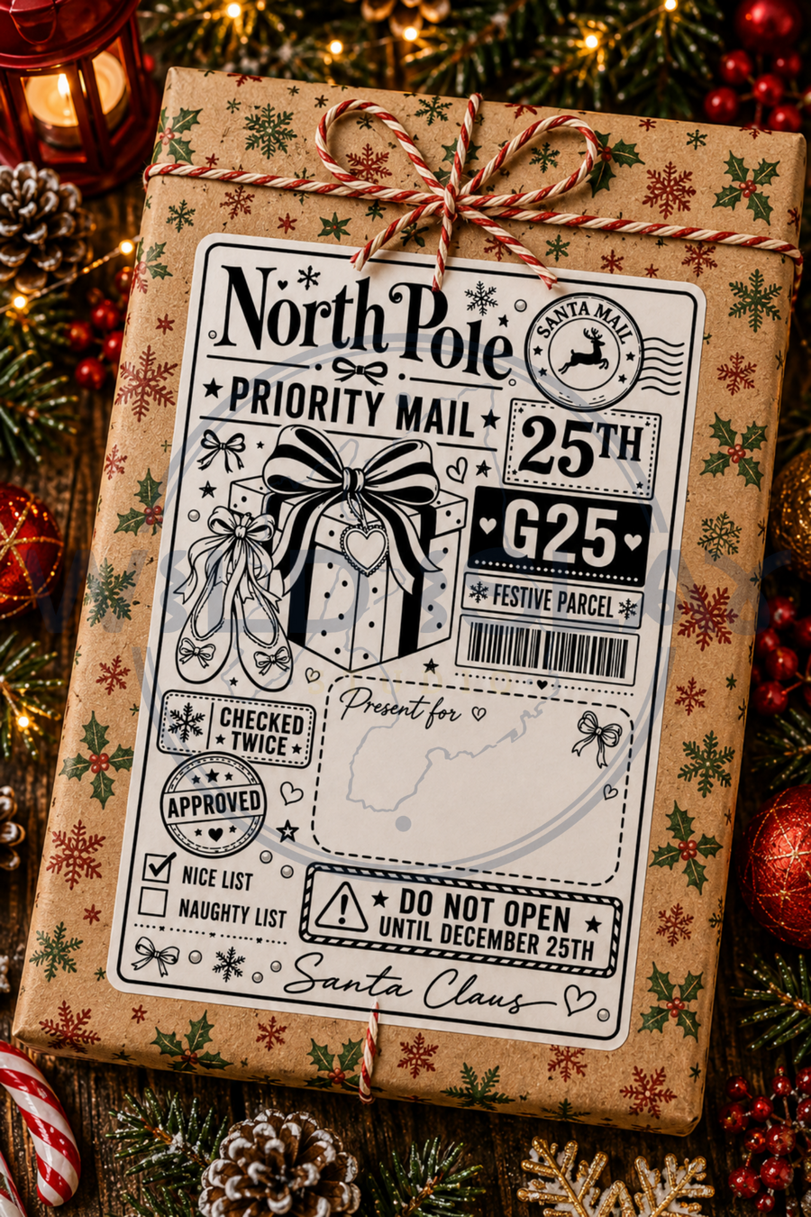 Christmas North Pole Priority Mail festive gift postage label with presents – Design 17