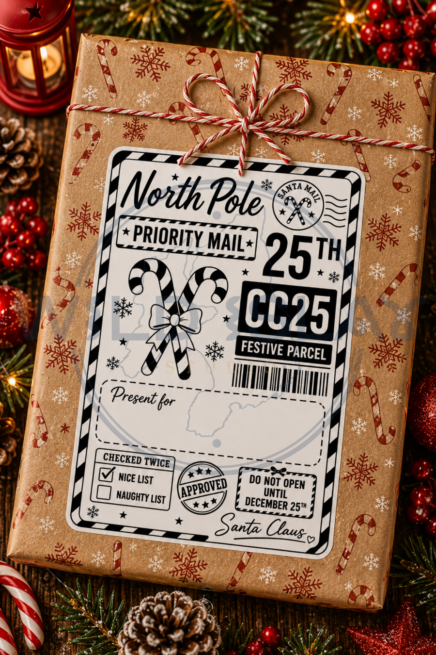 Christmas North Pole Priority Mail candy cane gift postage label – Design 19